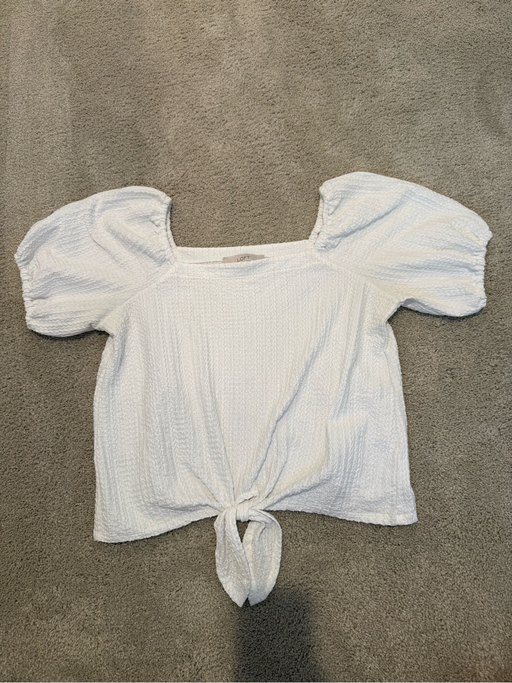 LOFT White Textured Puff-Sleeve Tie-Front Blouse